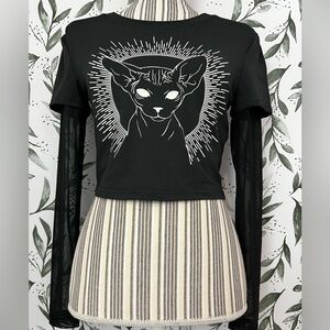 ROMWE Black Mesh Long-sleeved Crop Top Sphynx Cat Graphic Print Size S